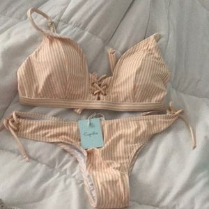 Yellow and white striped cupshe swimsuit